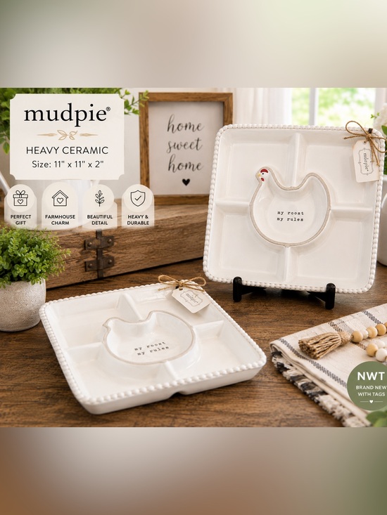Mud Pie Other - NWT Mud Pie Chicken Divided Serving Tray | “My Roost My Rules” Heavy Ceramic